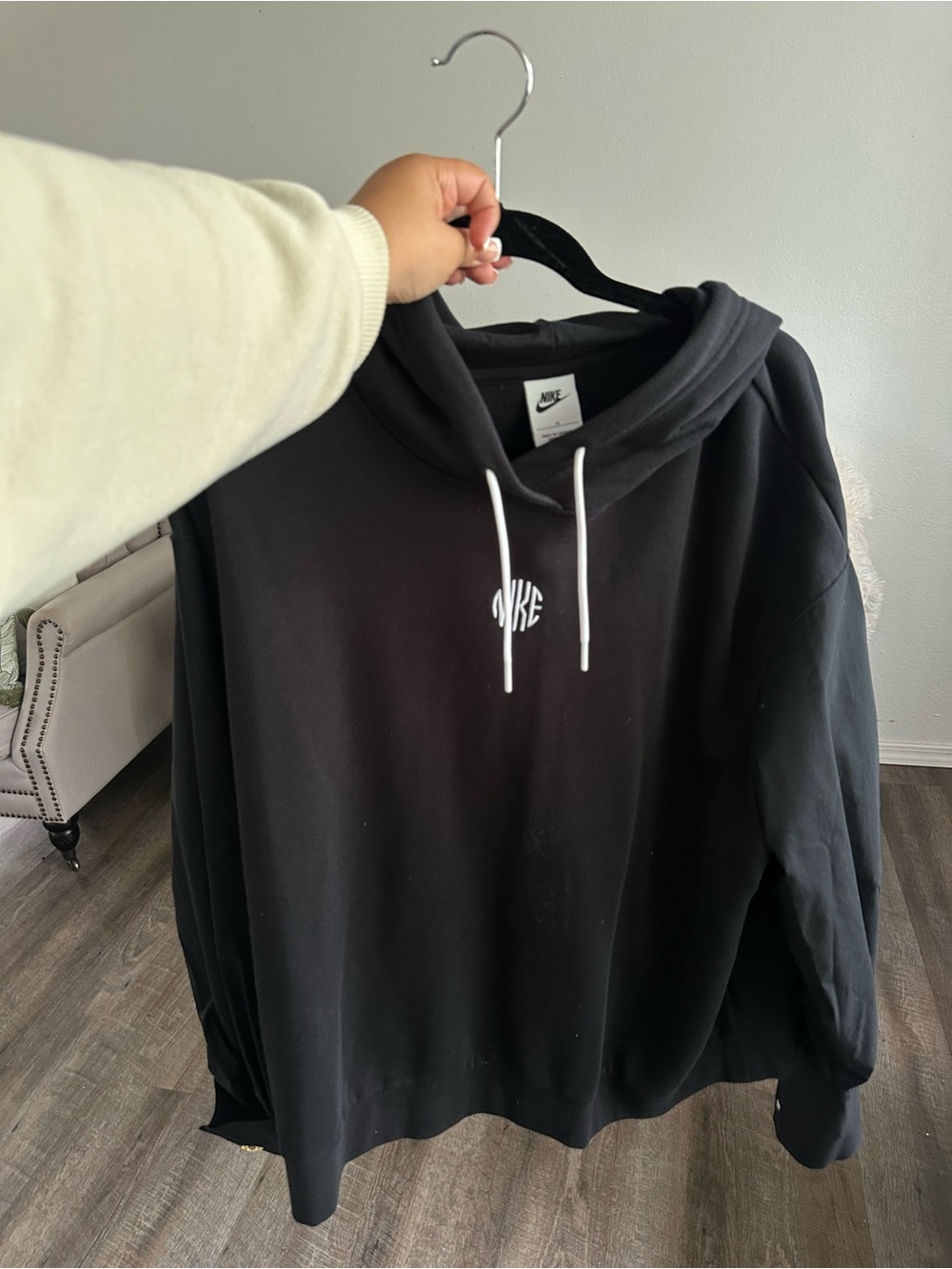 Nike Black Hoodie with White Logo and Drawstrings